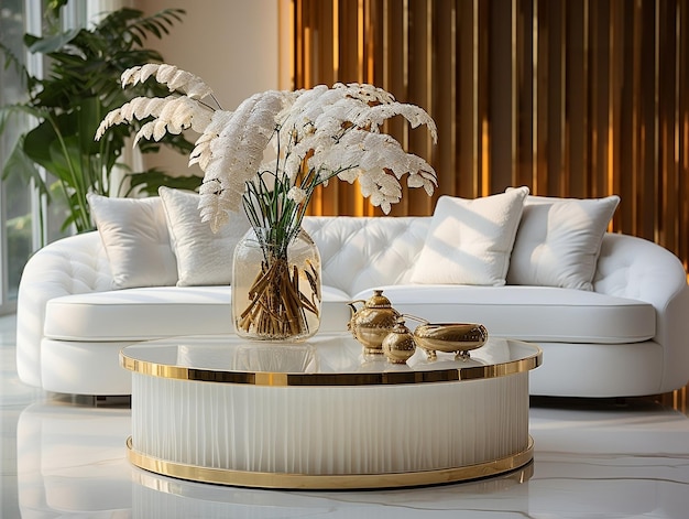 Moderne luxe woonkamer met gezellige witte bank en gouden salontafel