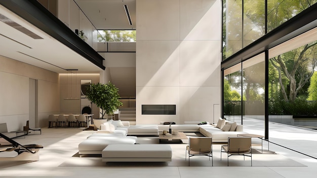 Moderne luxe woonkamer met natuurlijk licht en minimalistisch ontwerp elegant interieur met uitzicht op groen perfect voor lifestyle en architectuur AI