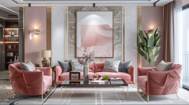 Moderne luxe woonkamer met roze fluweel tufted bank en ronde gouden spiegel