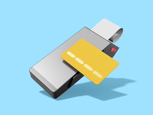 Moderne machine voor girale betaling Grijs zwarte POS-terminal met creditcard en cheque Apparaat voor NFC betalen 3D-rendering op de blauwe achtergrond