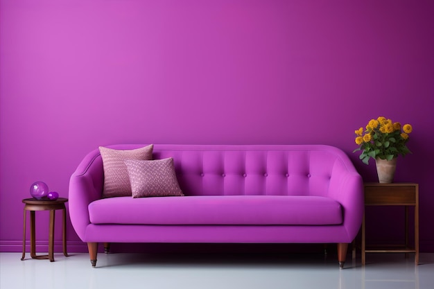 Foto moderne magenta woonkamer interieur met trendy muur en comfortabele zachte bank in levendige kleuren
