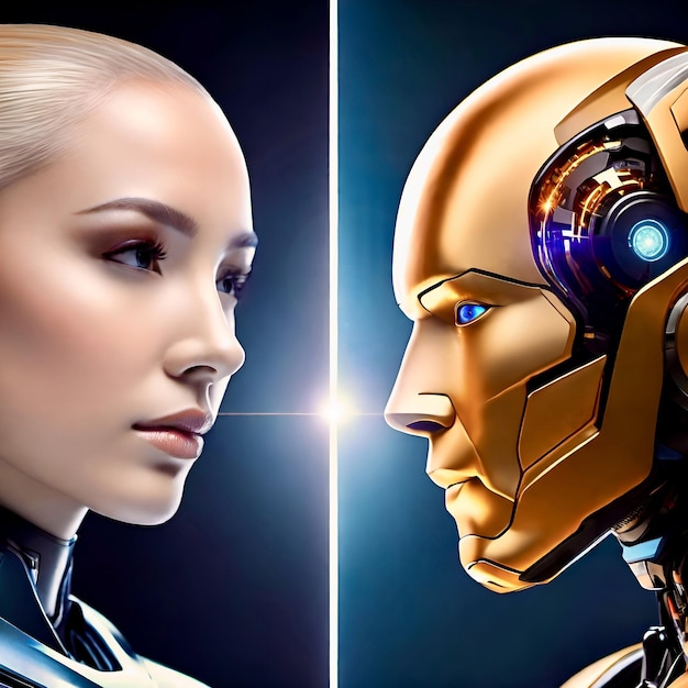 Foto moderne menselijke vrouw van aangezicht tot aangezicht versus kunstmatige intelligentie ai