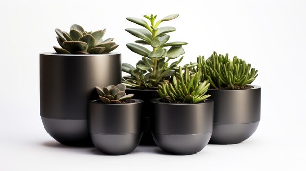 Moderne metalen planters in nette formatie op witte achtergrond