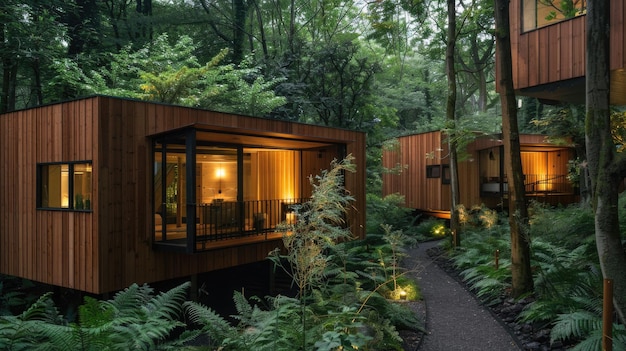 Moderne milieuvriendelijke boomhuizen in het bos