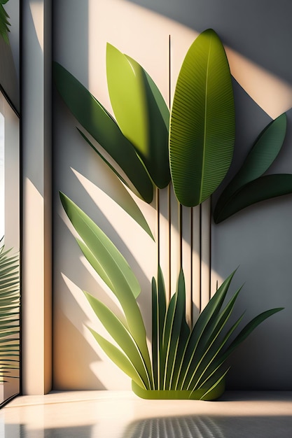 Moderne minimale blanke beige grijze betonnen textuurmuur met groene bamboe palmbomen in zonlichtblad