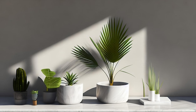 Moderne minimale lege witte marmeren stenen aanrechtblad palmboom in zonlicht