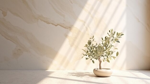 Moderne minimale lege witte marmeren stenen tafel groene boom in zonlicht blad Generatieve AI