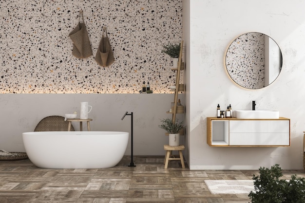 Moderne minimalistische badkamer interieur moderne badkamermeubel witte wastafel houten ijdelheid interieur planten badkameraccessoires badkuip witte muur terrazzo vloeren 3D-rendering