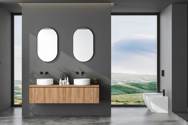 Moderne minimalistische donkere badkamer interieur badkamermeubel dubbele wastafel houten ijdelheid interieur planten badkamer accessoires bad en toilet bidet zwarte muren betonnen vloer 3D-rendering