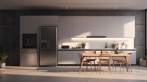 Moderne minimalistische keuken interieur grijze platte gevels stenen aanrecht ingebouwde huishoudelijke apparaten groot