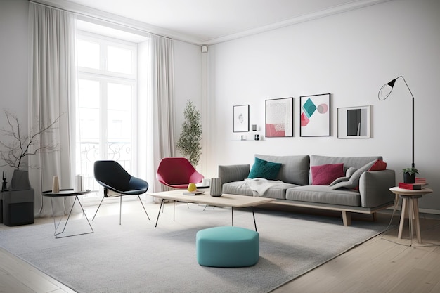 Moderne minimalistische scandinavische woonkamer met strak meubilair en kleuraccenten