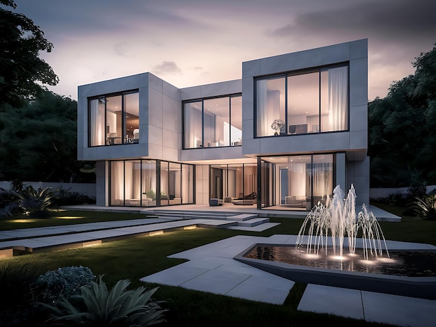 Moderne minimalistische villa met luxueus kubisch ontwerp en prachtige voortuin