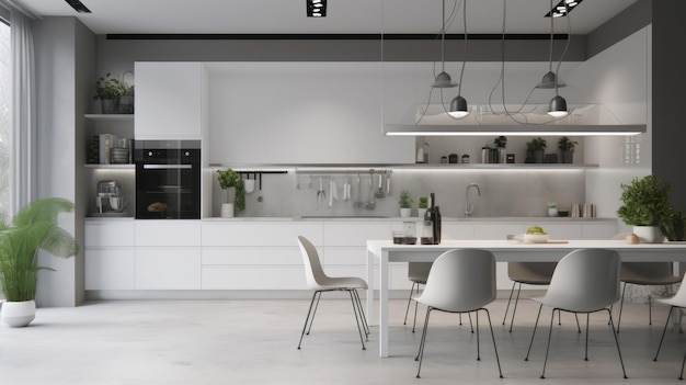 Moderne minimalistische witte keuken met eethoek Wit glanzende gevels keukenapparatuur een witte eettafel met stoelen planten in bloempotten buiten