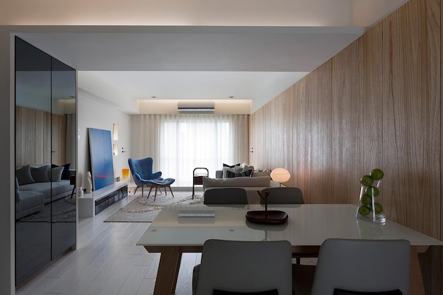 Moderne minimalistische woonkamer en eetkamer