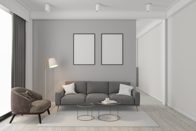 Moderne minimalistische woonkamer met bank en fauteuil 3d-rendering