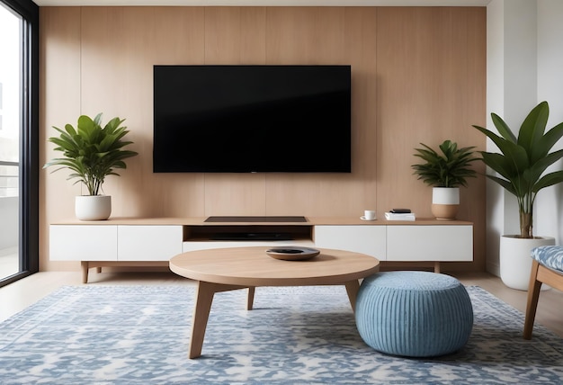 Moderne minimalistische woonkamer met een houten paneelmuur met een gemonteerd flatscreen-tv met een groot oppervlak