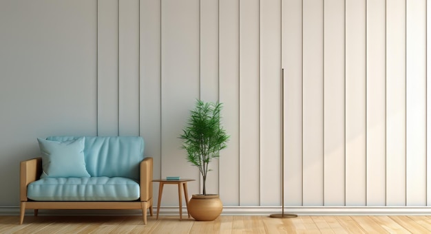 Moderne minimalistische woonkamer met houten vloer, enkele blauwe fauteuil en binnenplant