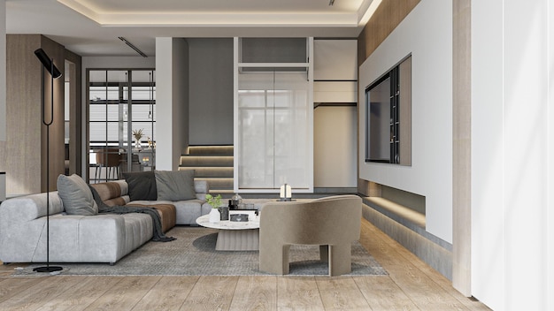 Moderne minimalistische woonkamer met trap en grote ramen beschrijvende en benadrukt de belangrijkste kenmerken