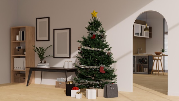 Moderne minimalistische woonkamer op kerstvakantie met kerstboomboogdeur en decor