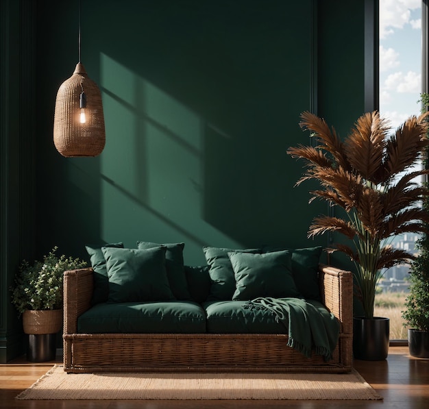 Foto moderne minimalistische woonruimte met rotanmeubels en groene accenten, houten bank en natuurlijk licht