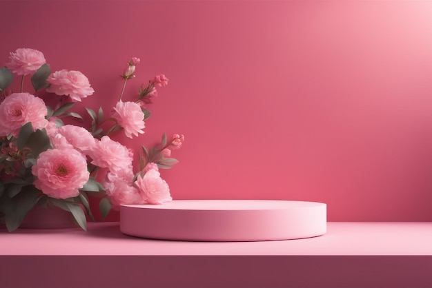 moderne mockup podium set roze scène met bloemen en zonlicht schaduw achtergrond van hoge kwaliteit