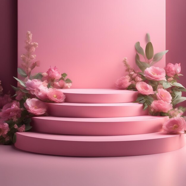 Foto moderne mockup podium set roze scène met bloemen en zonlicht schaduw achtergrond van hoge kwaliteit