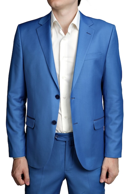 Moderne mode lichtblauwe jas heren pak, twee knopen losgeknoopt, geïsoleerd op een witte achtergrond.