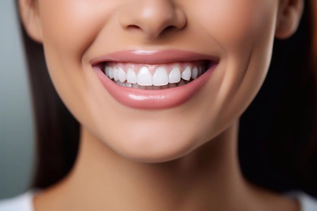 Moderne mooie glimlach van een jonge vrouw met gezonde witte tanden Closeup foto