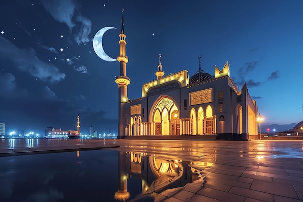 Moderne moskee's nachts gegenereerd door AI
