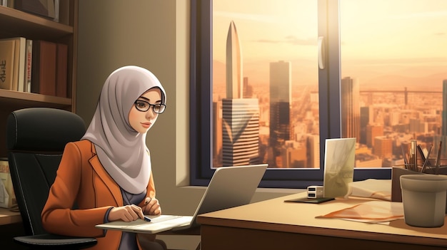 Moderne moslimvrouw in hijab in een kantoorkamerAi