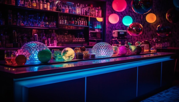 Moderne nachtclub verlicht de viering met kleurrijke cocktails en luxe decoratie gegenereerd door kunstmatige intelligentie