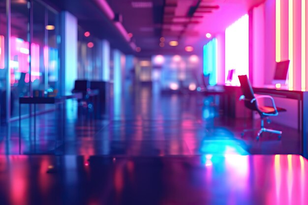 Moderne neon cyberpunk open ruimte kantoor interieur vervaagd met informatietechnologie overlay Corporate strategie voor financiering operaties marketing