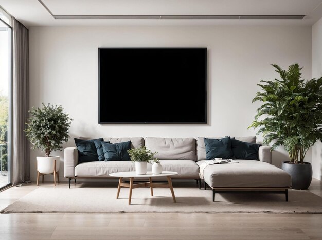 moderne neutrale kleurenpalet woonkamer met blanco fotolijst planten houten vloer en scandi