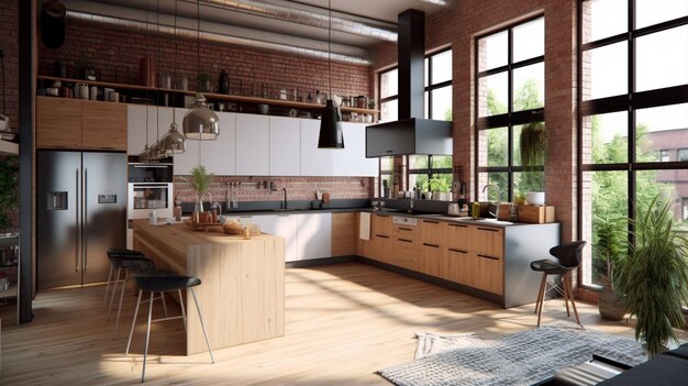 Moderne nordische keuken in een loft appartement 3D-rendering Generatieve AI