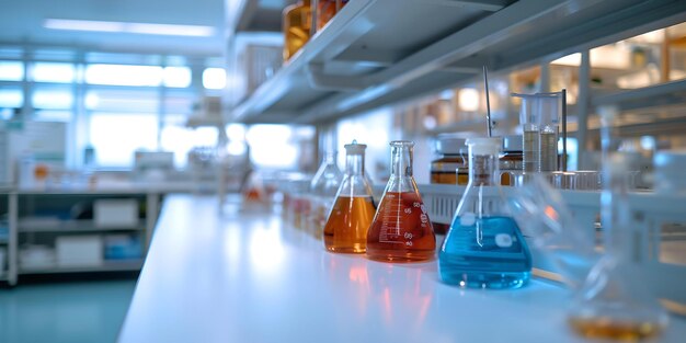 Moderne onderzoekslaboratorium met chemische kolven in een rij op werkbank wetenschapsconcept voor innovatie gezondheidszorg en farmaceutische studies richten zich op kleurrijke oplossingen AI