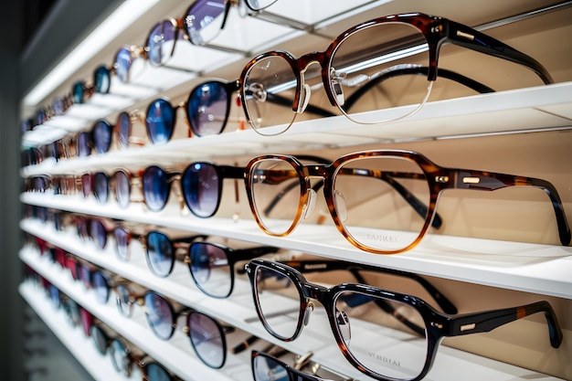 Moderne oogheelkundige winkel toont een verscheidenheid aan bril in close-up