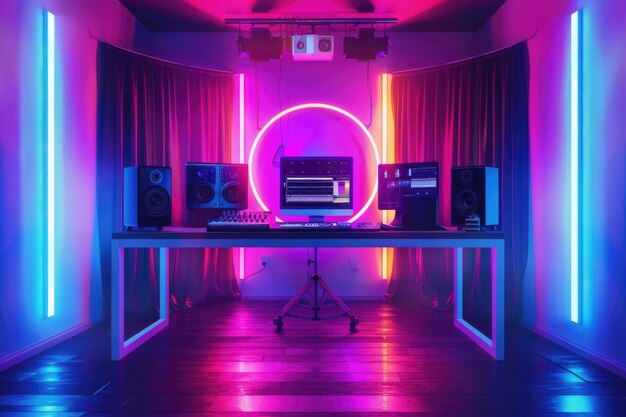 Foto moderne opnamestudio met neonverlichting en video-apparatuur