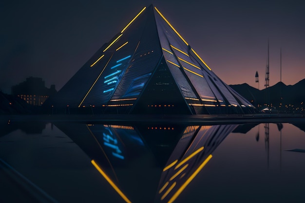 Moderne piramide met lichten's nachts Generatieve AI