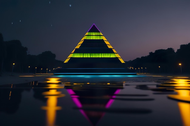 Moderne piramide met verlichting 's nachts Generatieve AI