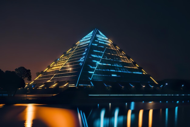 Moderne piramide met verlichting 's nachts Generatieve AI