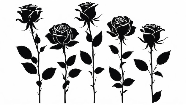 Moderne platte ontwerp van zwarte silhouetten van rozenbloemen