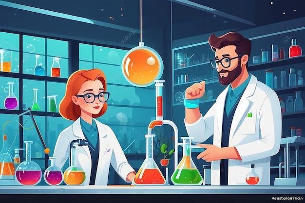 Moderne platte ontwerp vrouwelijke en mannelijke wetenschappelijke personages aan het werk Conceptueel ontwerp over specialisten van chemische laboratoria die aan onderzoek en exploratie werken Vector by masha_tace