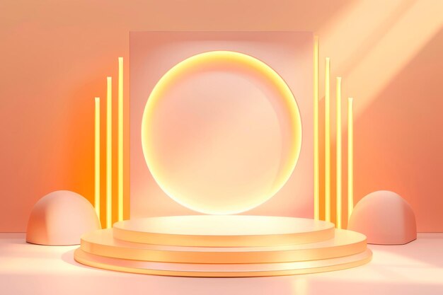 Moderne podium achtergrond met slanke gouden lijnen en een verlicht podium perfect voor het tonen van Generative AI