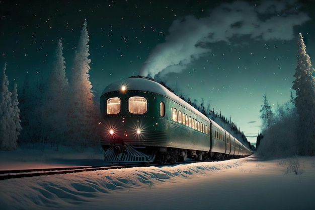 Moderne polaire sneltrein rijdt op winternacht aan de poolrand