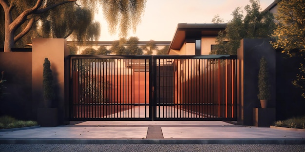 Moderne poort op de hoek van een grote tuin