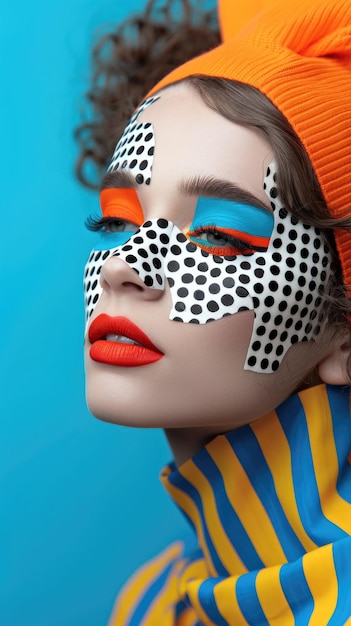 Foto moderne pop art portret een stijlvolle vrouw in geometrische make-up afgebeeld met eenvoudige minimalistische pixels
