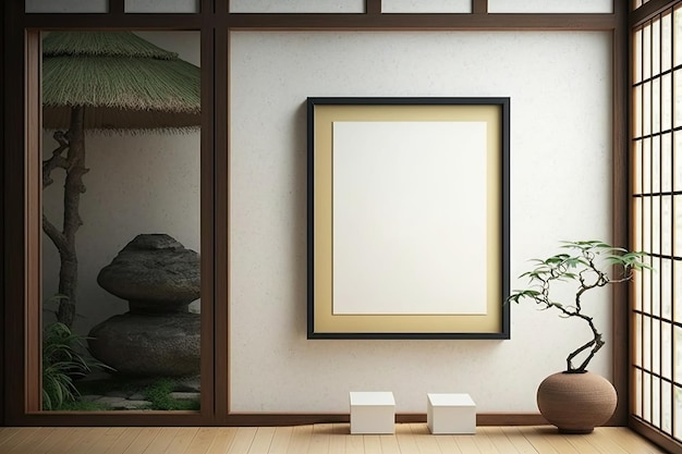 Moderne poster op beige muur in minimalistisch interieur Illustratie Generatieve AI