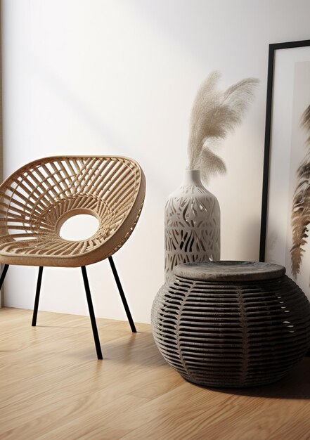 Foto moderne rattan stoel en minimalistisch decor