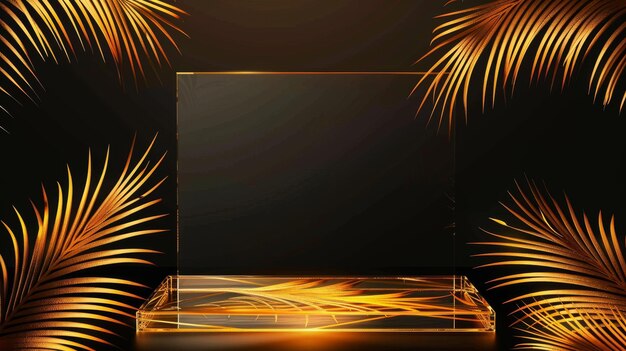 Moderne realistische illustratie van een doorzichtig plastic podium voor presentaties van luxe producten gele boog decoratie podium mockup op zwarte achtergrond