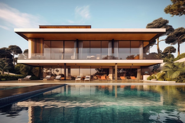 Moderne rechthoekige villa met meerdere verdiepingen en zwembad Ai generatief